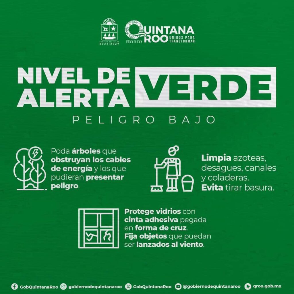 ¡IMPORTANTE en #QuintanaRoo entramos en #AlertaVerde ante el acercamiento del huracán Beryl! #PeligroBajo.