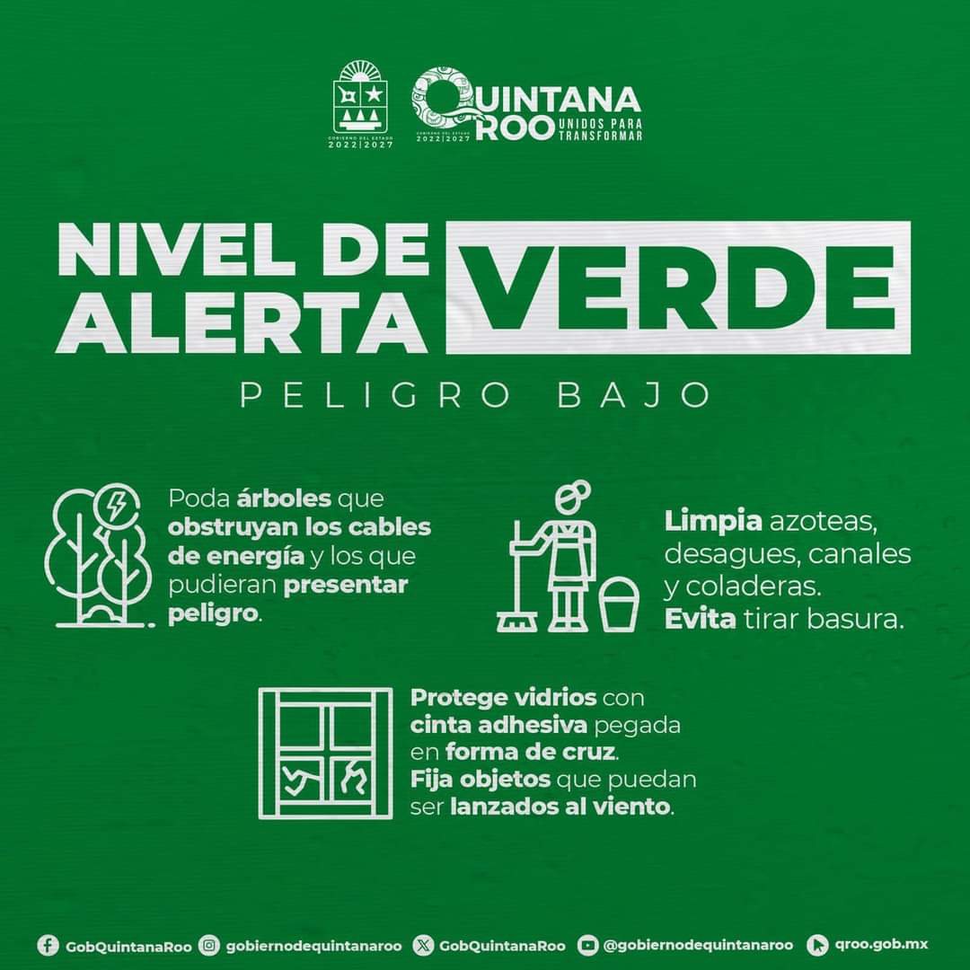 ¡IMPORTANTE en #QuintanaRoo entramos en #AlertaVerde ante el acercamiento del huracán Beryl! #PeligroBajo.