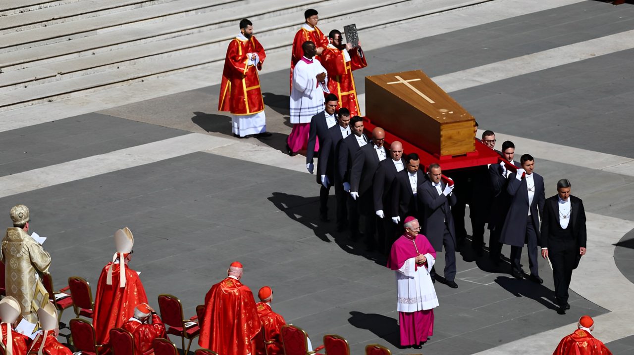 El papamóvil transporta el ataúd del Papa Francisco.