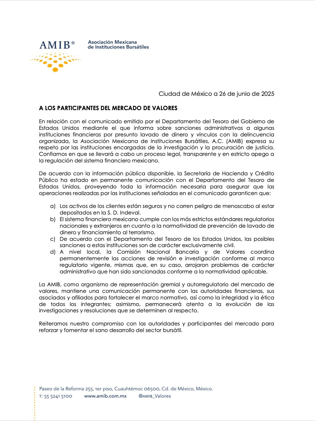 La AMIB reafirma el compromiso del sistema financiero mexicano con estándares internacionales.