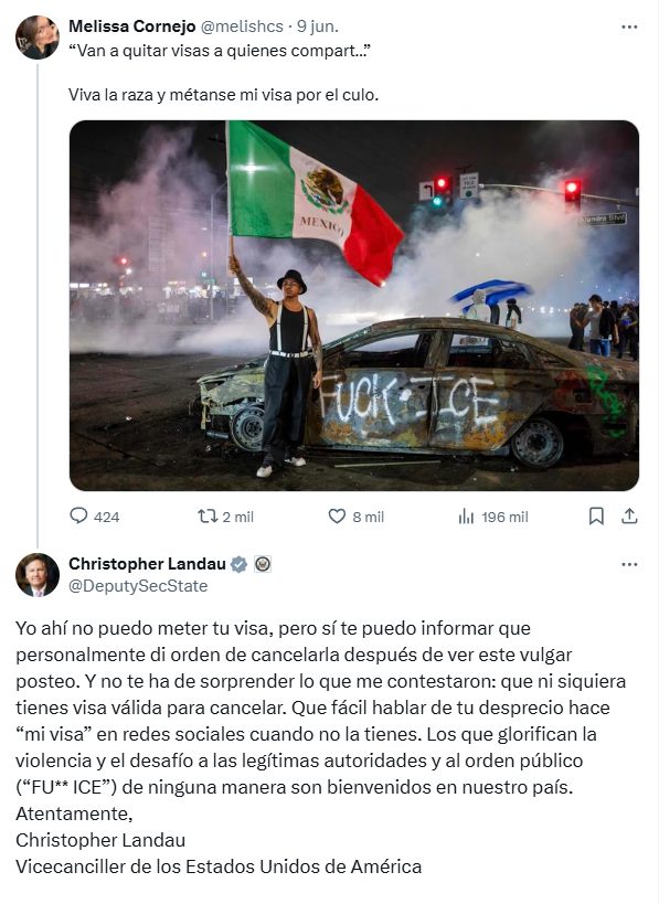 Christopher Landau ordena cancelar visa inexistente de Melissa Cornejo de Morena Jalisco.