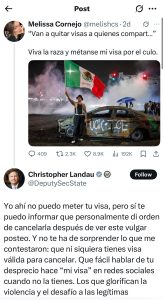 Christopher Landau ordena cancelar visa inexistente de Melissa Cornejo de Morena Jalisco.