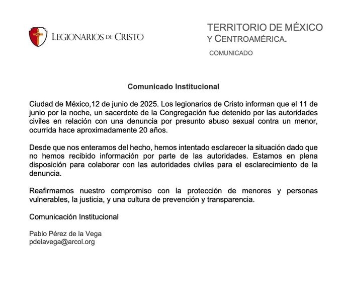 Un sacerdote de los Legionarios de Cristo, Antonio María Cabrera, fue detenido en el AICM por Interpol bajo la acusación de presunta violación a un menor de edad. 