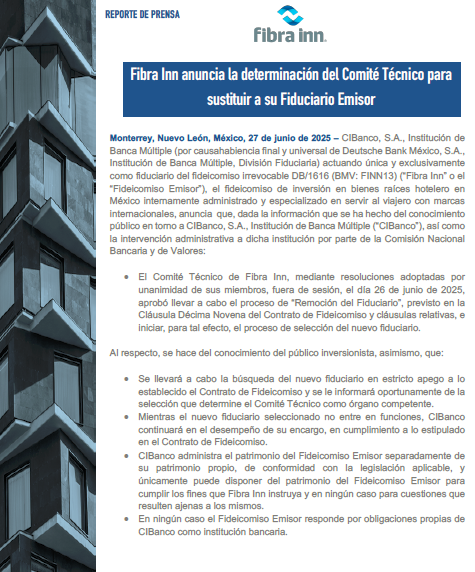 Fibra Inn removió a CIBanco como su fiduciario y Terrafina busca hacer lo mismo.