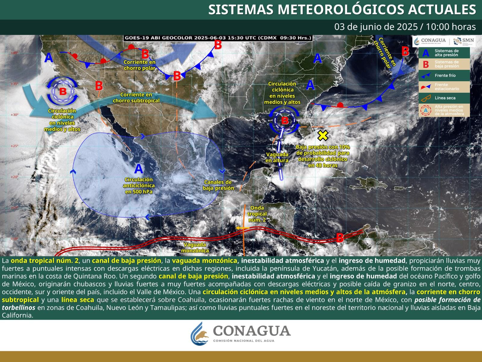 Formación de tormentas sobre la costa de Quintana Roo con posibilidad de trombas marinas.