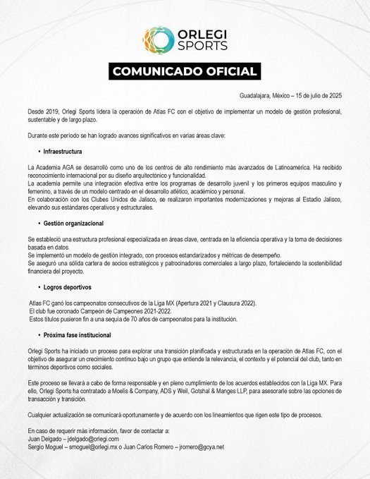 "Orlegi Sports inicia el proceso de venta del Atlas FC."