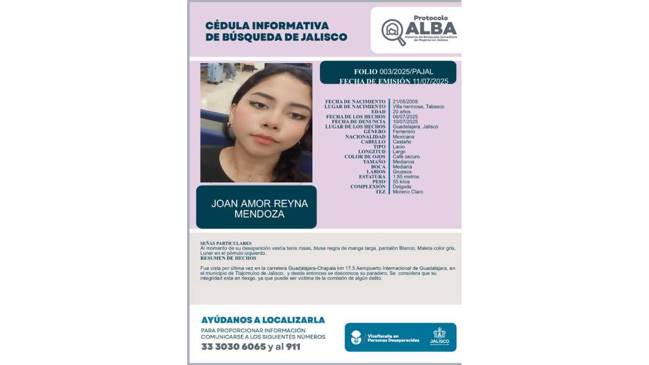 La joven cancunense Joan Amor Reyna Mendoza, de 20 años, es buscada en Jalisco.