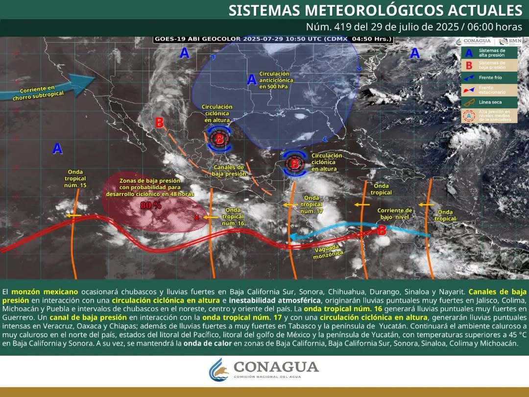 La onda tropical diecisiete trae lluvias fuertes y actividad eléctrica a Quintana Roo.