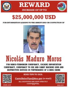 El cartel de recompensa de la DEA por información que lleve a la captura de Nicolás Maduro.