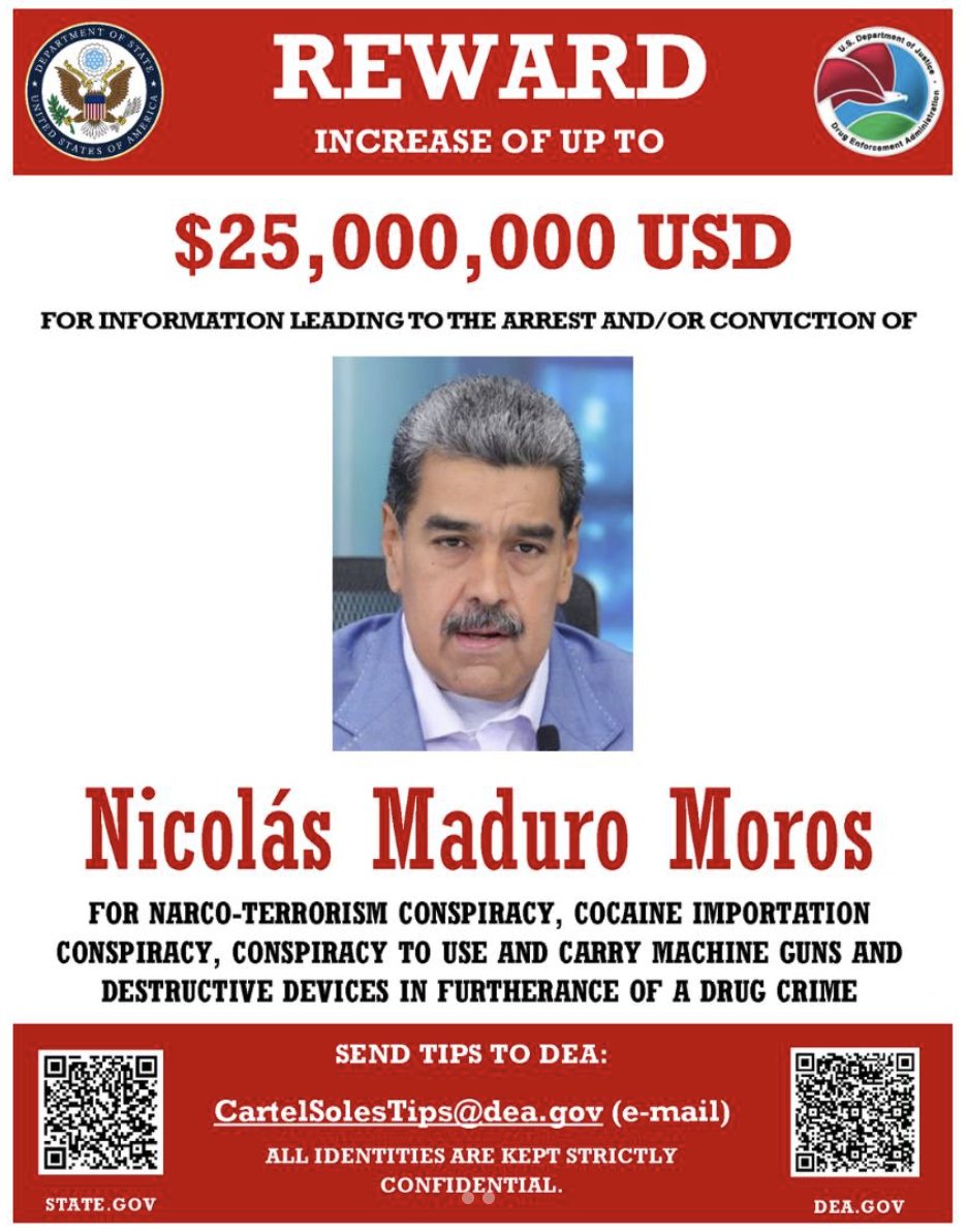 El cartel de recompensa de la DEA por información que lleve a la captura de Nicolás Maduro.