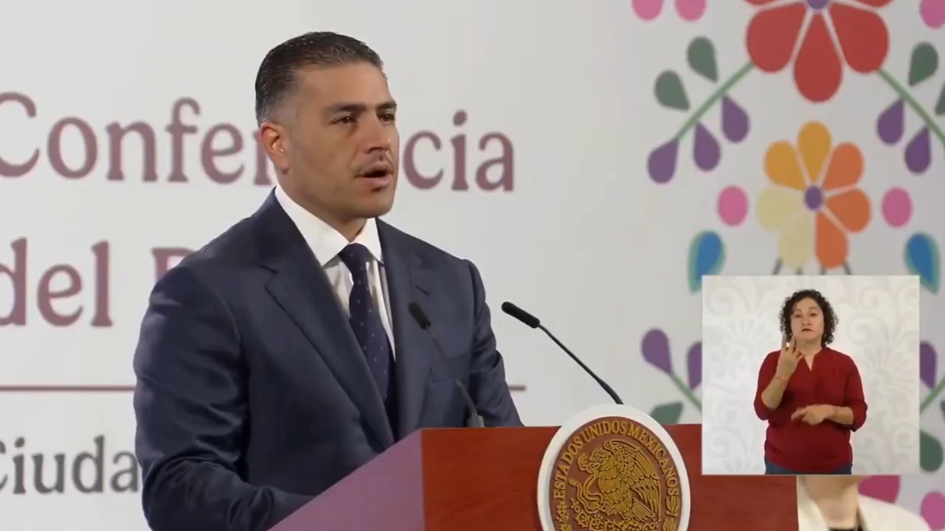 "Omar García Harfuch durante la conferencia matutina en Palacio Nacional."