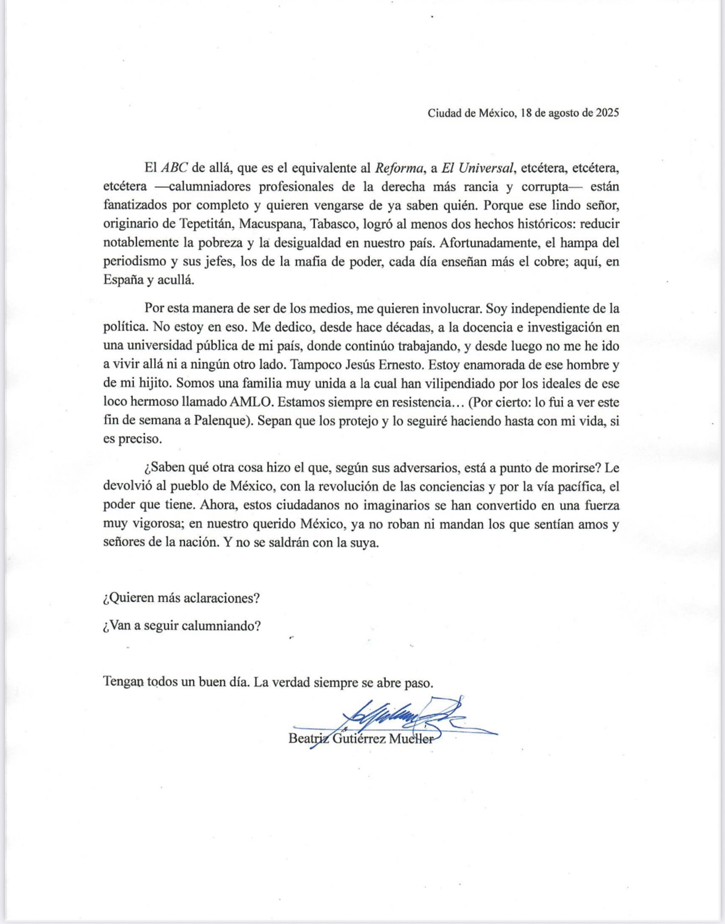 Beatriz Gutiérrez Müller, defensora de la Cuarta Transformación, emite una carta pública.