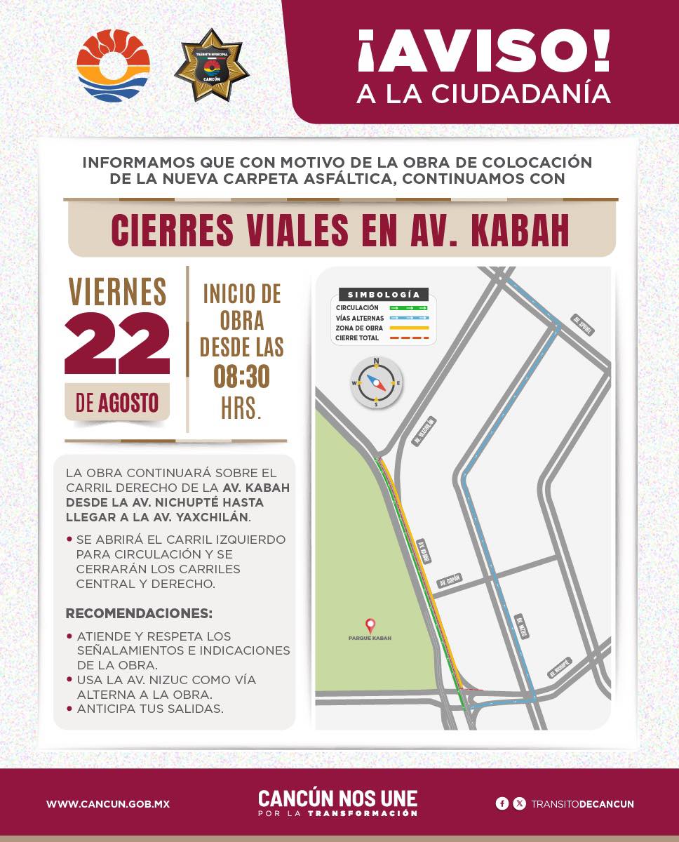 Los trabajos de pavimentación en la Avenida Kabah causan cierres viales en Cancún.