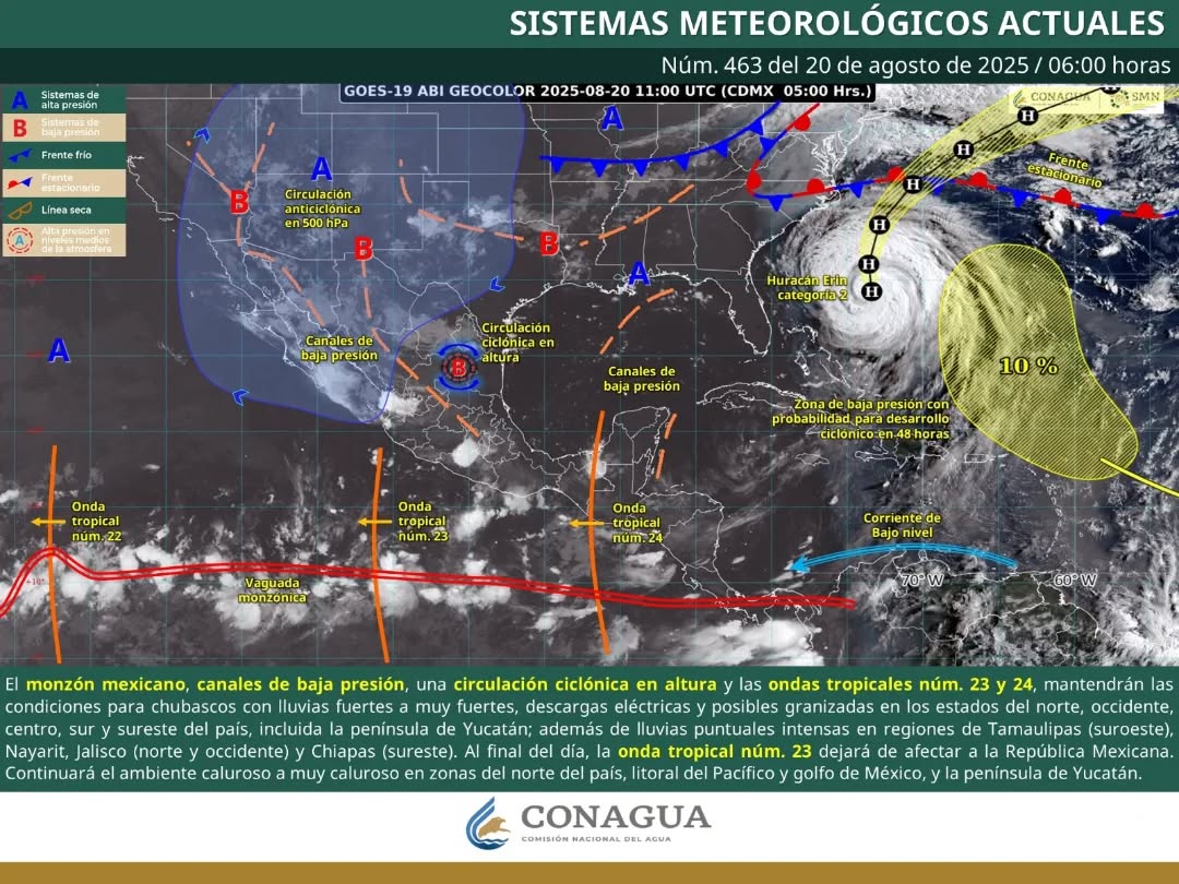 La entrada de humedad hacia la península de Yucatán traerá lluvias y chubascos a la región, elevando la sensación de calor.