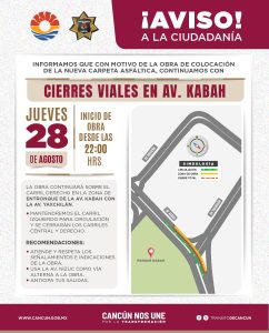 La colocación de carpeta asfáltica en la avenida Kabah con avenida Yaxchilán genera cierres parciales.