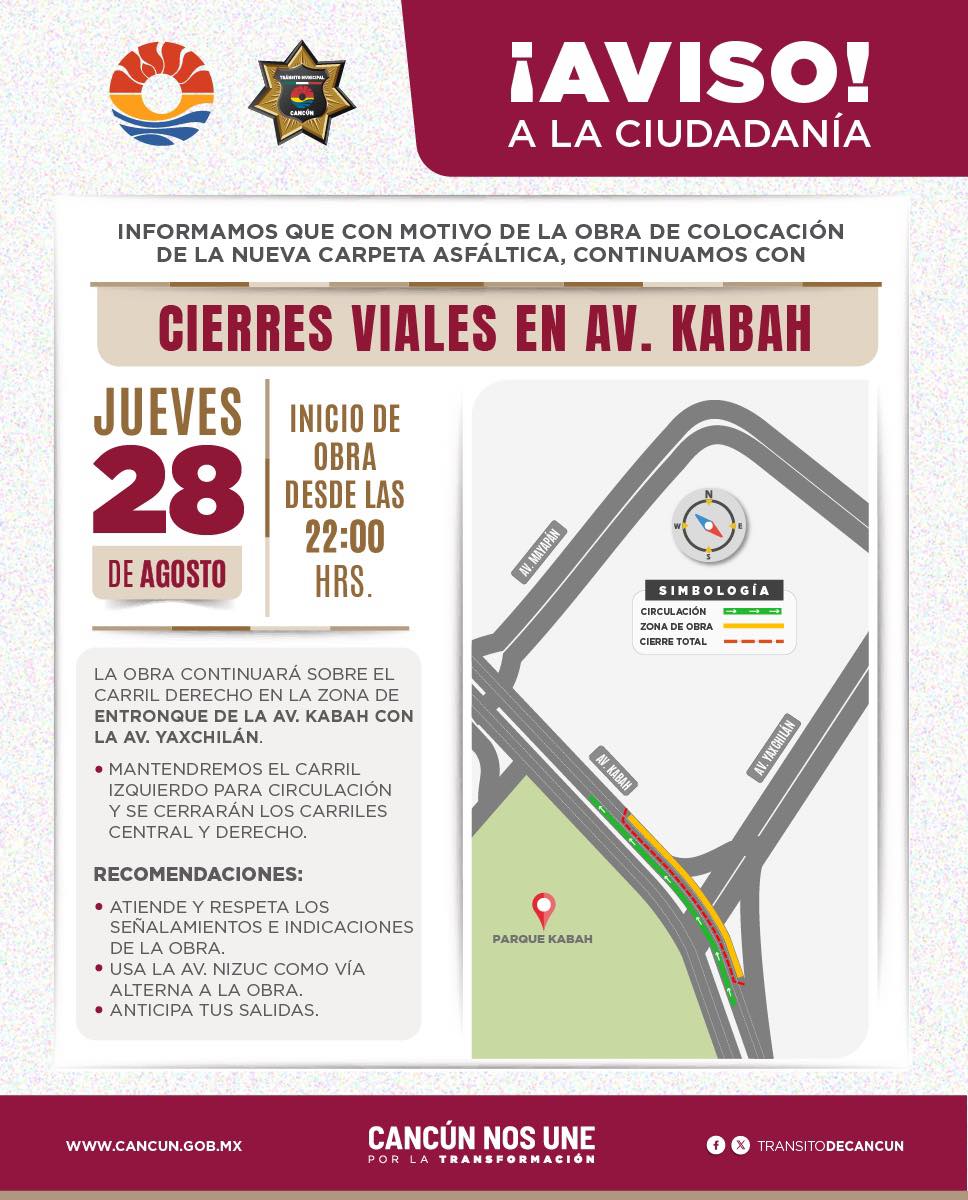 La colocación de carpeta asfáltica en la avenida Kabah con avenida Yaxchilán genera cierres parciales.