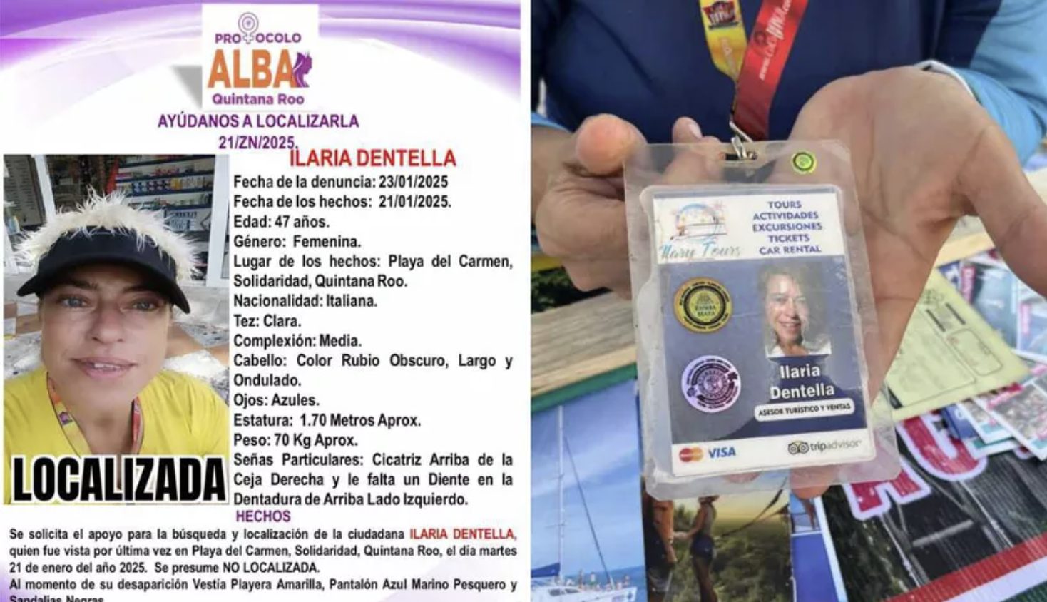 La ficha de búsqueda de Ilaria Dentella, una ciudadana italiana desaparecida en Playa del Carmen. Un gafete con el nombre “Ilary Tours”, la presunta empresa fantasma de la víctima.