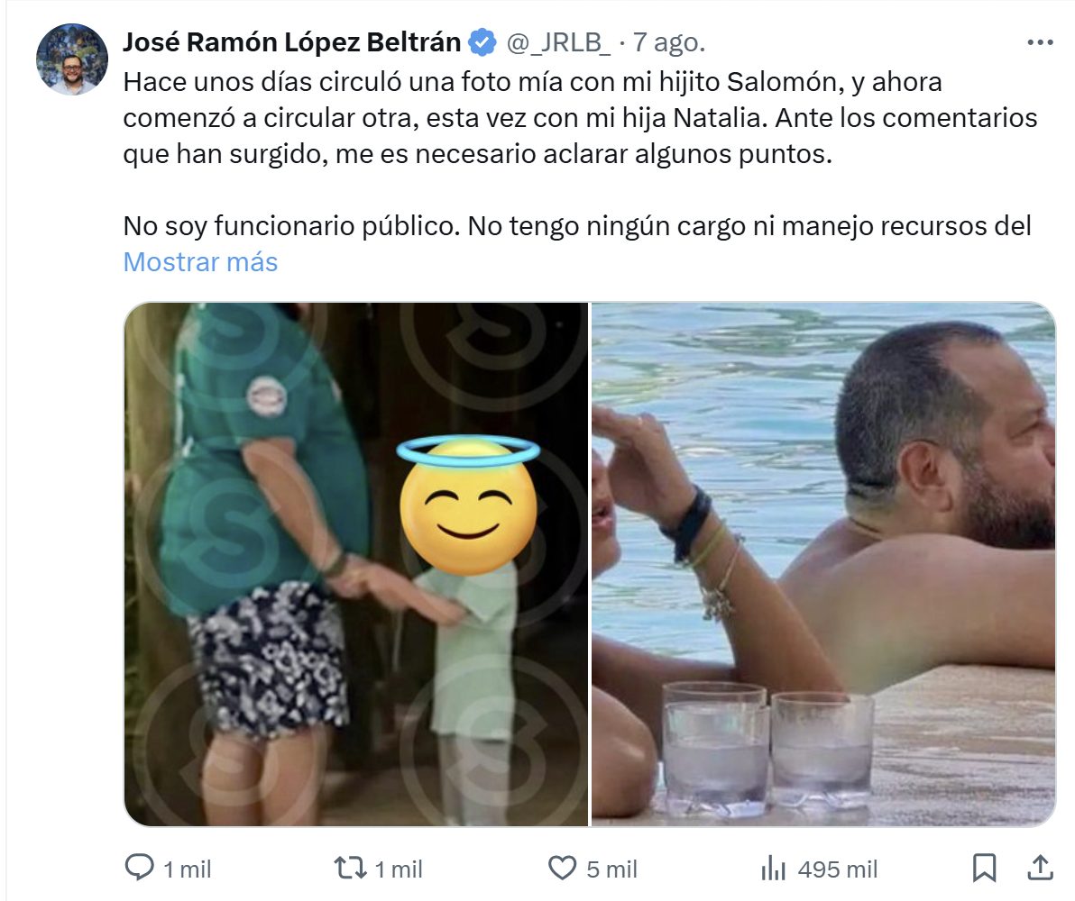 José Ramón López Beltrán se defiende de críticas por vacaciones en Cancún, negando ser funcionario público. El caso cuestiona la austeridad de la 4T.
