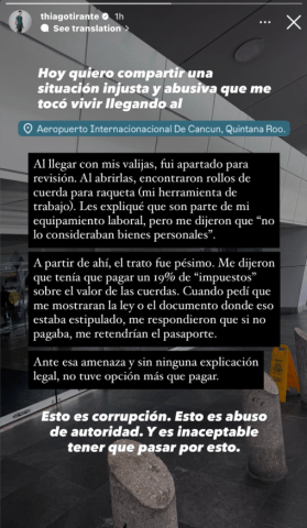 Un tenista argentino denuncia extorsión en el Aeropuerto de Cancún por agentes aduanales que le exigieron el 19% de impuestos por su material de trabajo.