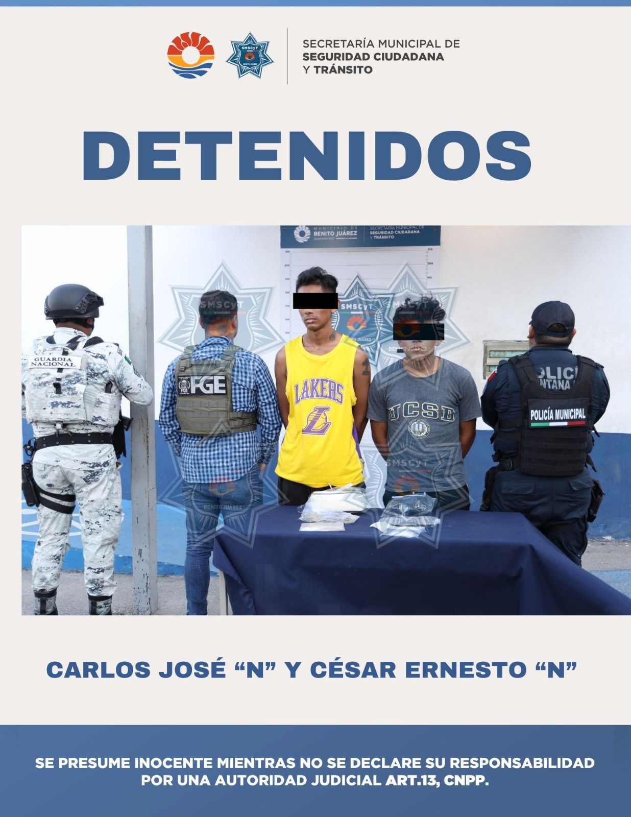 Las autoridades detienen a dos hombres en la Supermanzana 258 por presunto narcomenudeo.