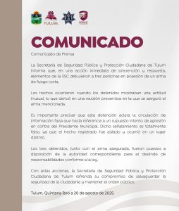 Las autoridades de Tulum detienen a tres personas en posesión de un arma de fuego.