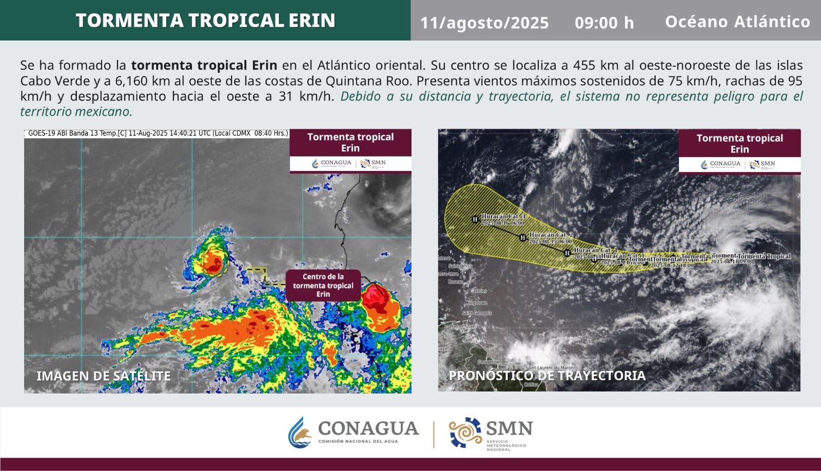 Nace la tormenta tropical Erin. La temporada de huracanes 2025 se mantiene bajo vigilancia en Quintana Roo.