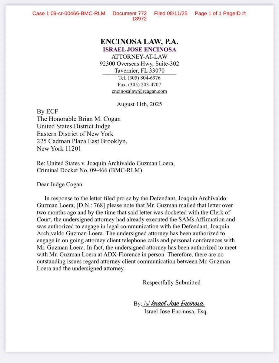 La justicia de EU autoriza a “El Chapo” Guzmán reunirse con su nuevo abogado en penal de máxima seguridad en Colorado.