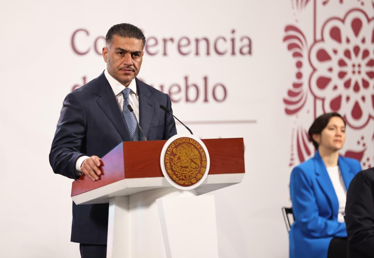 El Secretario de Seguridad y Protección Ciudadana, Omar García Harfuch, presenta los resultados de la Estrategia Nacional contra la extorsión en una conferencia de prensa.