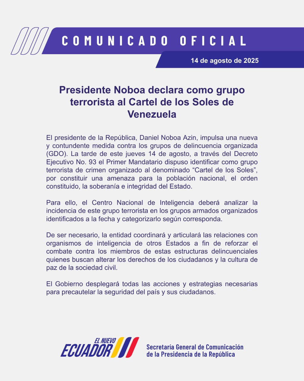 El presidente Daniel Noboa declara al "Cartel de los Soles" como grupo terrorista.