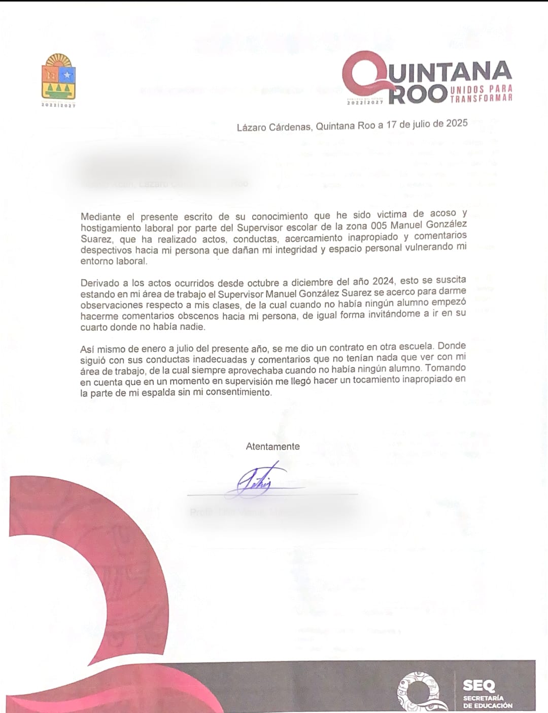 Un supervisor escolar en Ignacio Zaragoza es denunciado por acoso sexual en escuelas. La Secretaría de Educación de Quintana Roo no ha respondido en dos semanas.