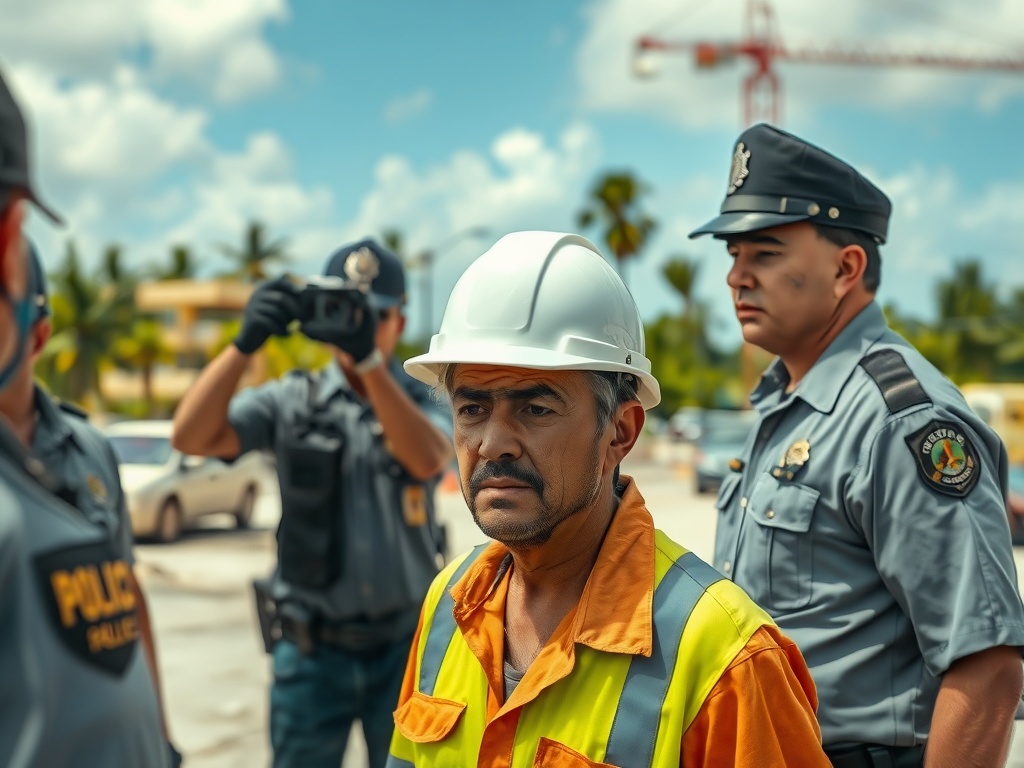 Albañiles en una obra en construcción en Cancún, reflejando la inseguridad laboral en Cancún.
