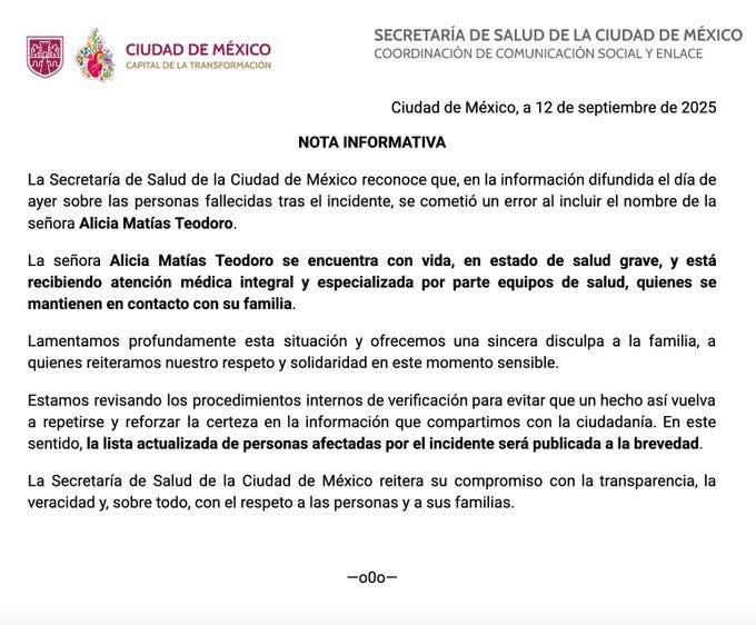 La Secretaría de Salud de la CDMX, en un comunicado, admite haber cometido un error al reportar la muerte de la "abuelita heroína".