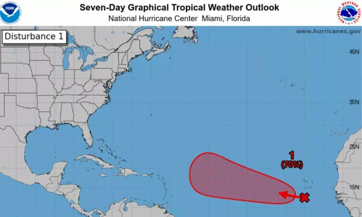 Formación de ciclón tropical: aumenta a 70% la probabilidad de un ciclón en el Atlántico, a 6,640 km de Quintana Roo, según el NHC.