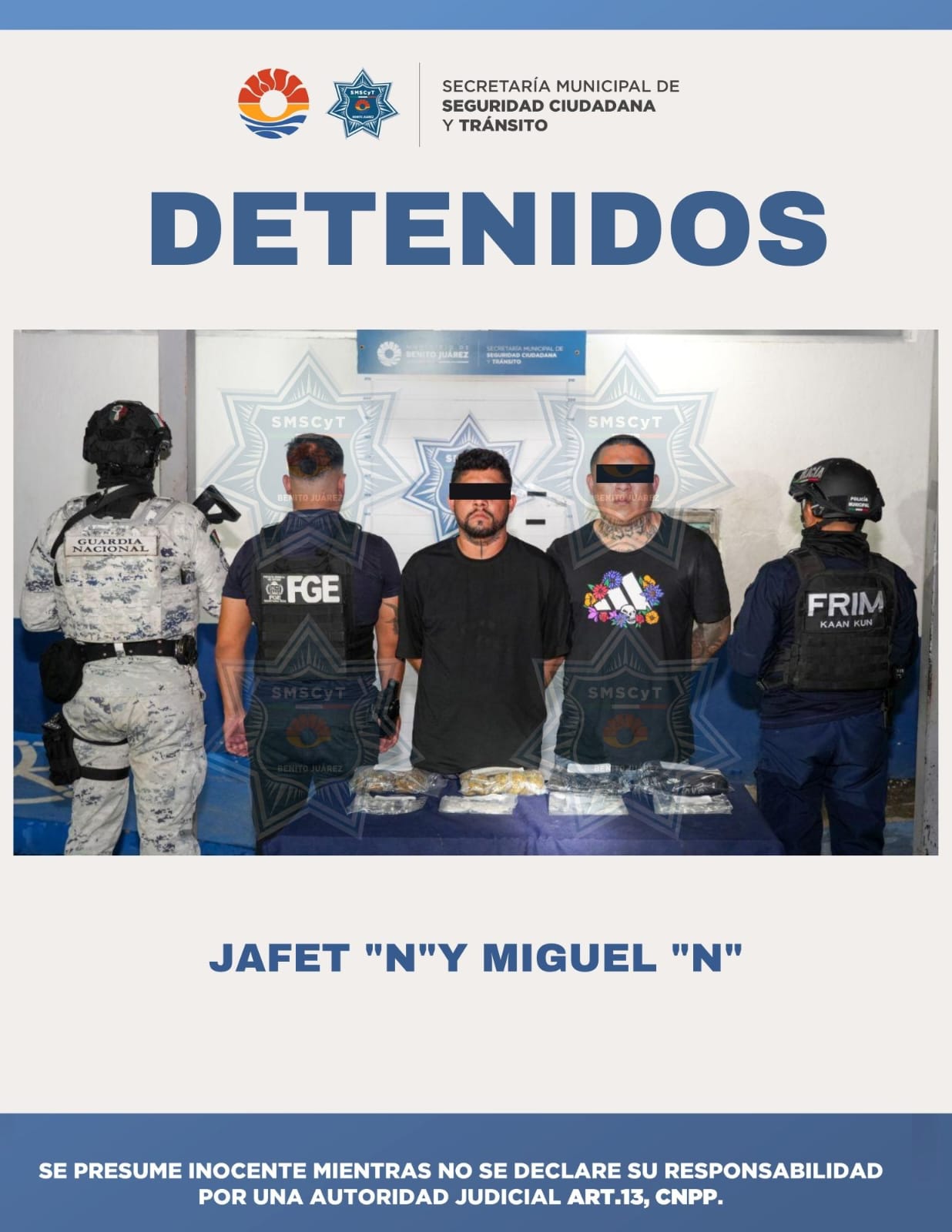 Fuerzas de seguridad coordinadas detuvieron a dos hombres en la Supermanzana 260 de Cancún.