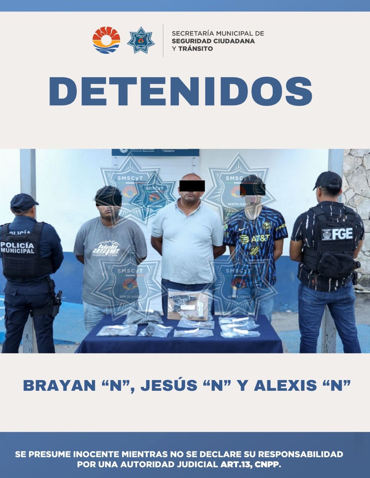 Elementos de seguridad detienen a tres narcomenudistas como parte del operativo “Blindaje Cancún”.