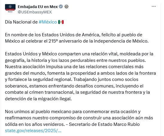 El secretario de Estado Marco Rubio extiende la felicitación de Estados Unidos a México por el 215 aniversario de la Independencia en un comunicado.
