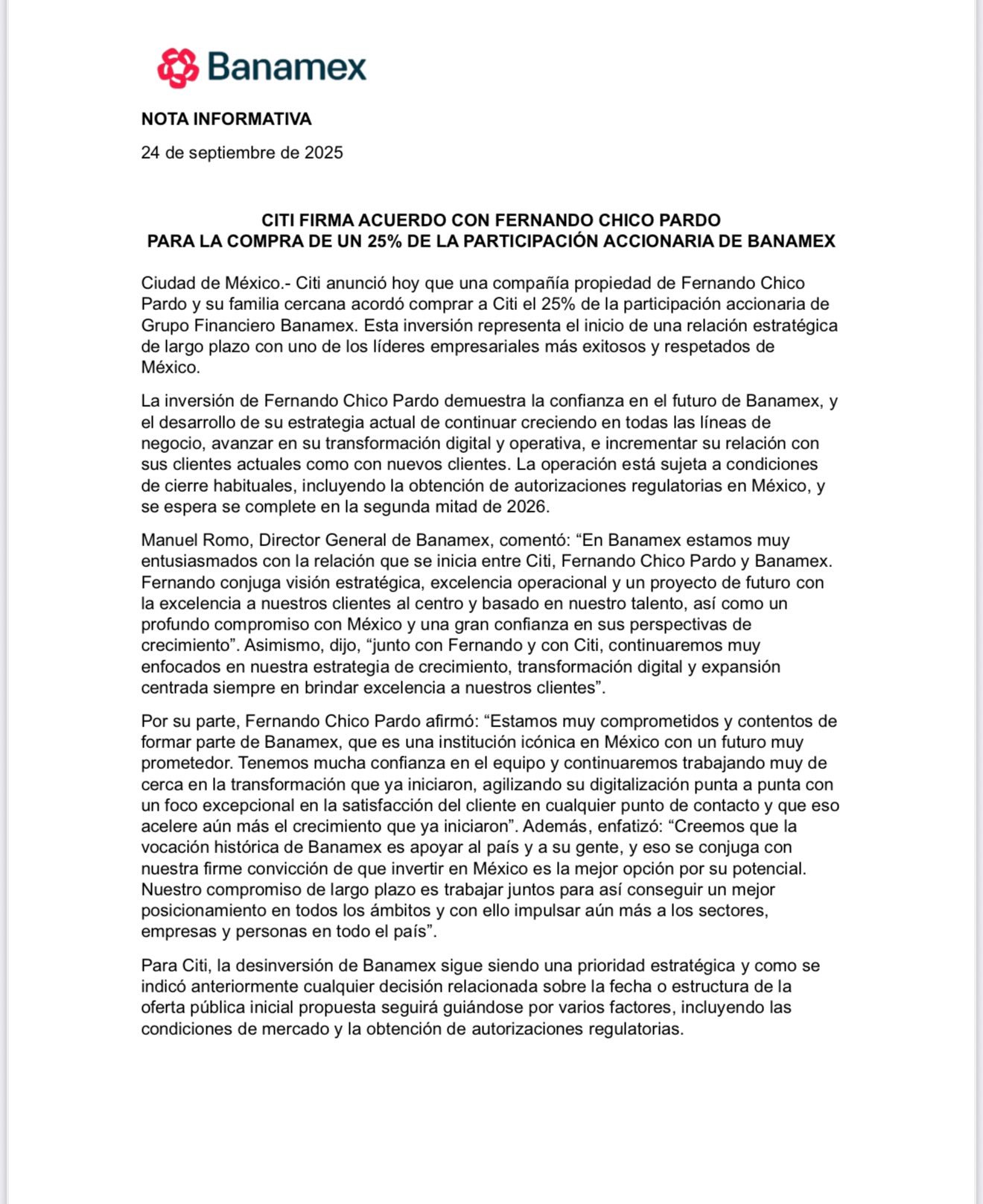 Se confirma la adquisición de Banamex por parte del empresario Fernando Chico Pardo.