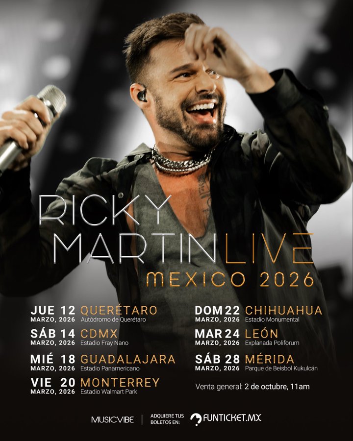Se confirma la gira de Ricky Martin en México con ocho fechas.