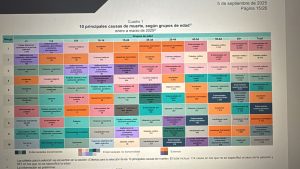 Un profesional de la salud revisa un certificado de defunción en una oficina del Registro Civil.