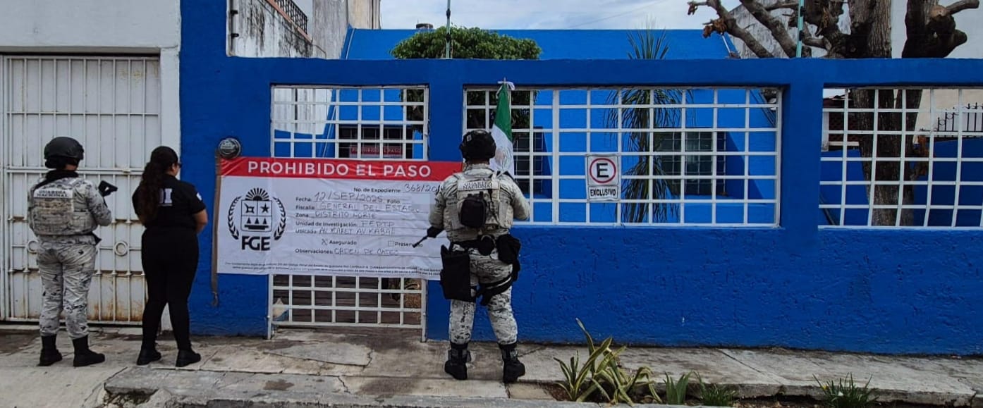 Agentes de la Fiscalía y Guardia Nacional aseguran el spa en la Supermanzana 29.