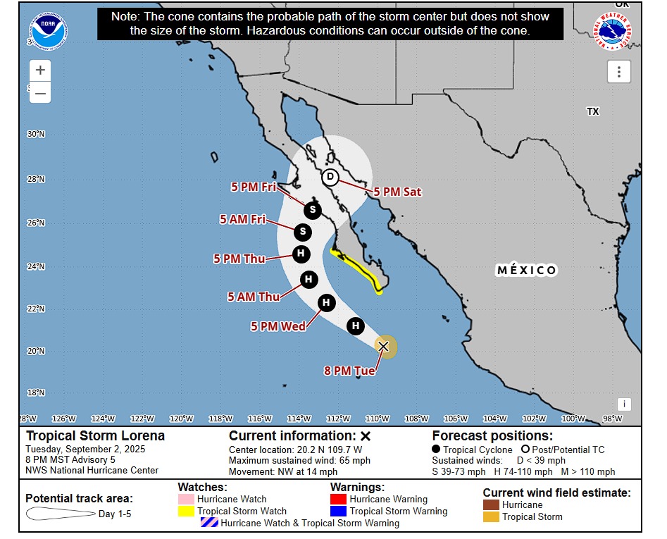 El mapa de la trayectoria del huracán Lorena muestra su dirección hacia la península de Baja California.