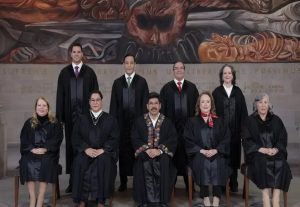El presidente de la Corte, Hugo Aguilar Ortiz, muestra su toga con detalles de flores bordados.
