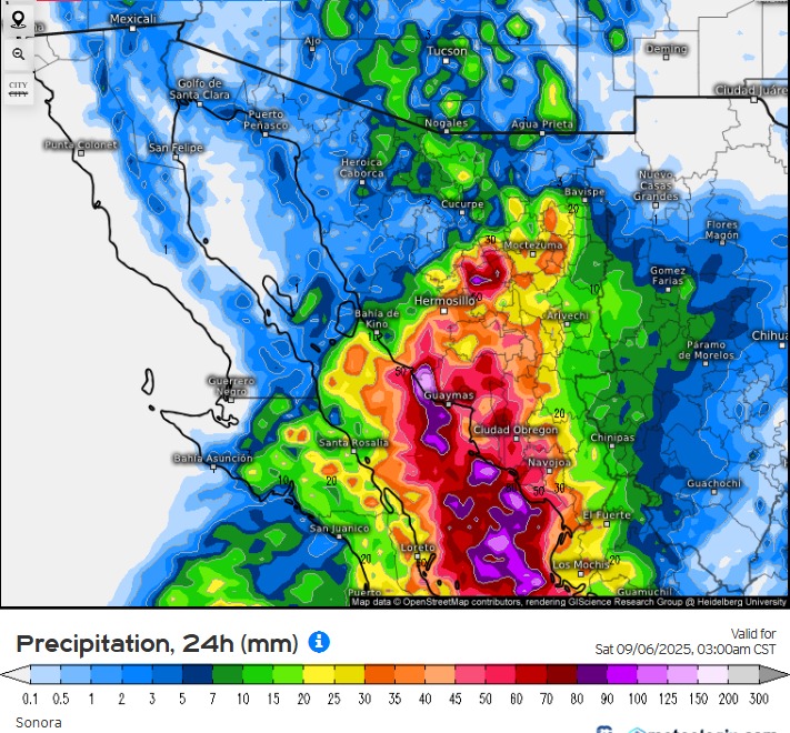 Prevención de desastres en Sonora: se esperan lluvias de hasta 200 mm por la tormenta tropical Lorena.