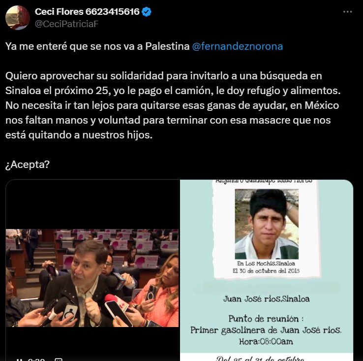 La madre buscadora Ceci Flores lanzó una invitación pública a Gerardo Fernández Noroña para unirse a las labores de localización en Sinaloa.