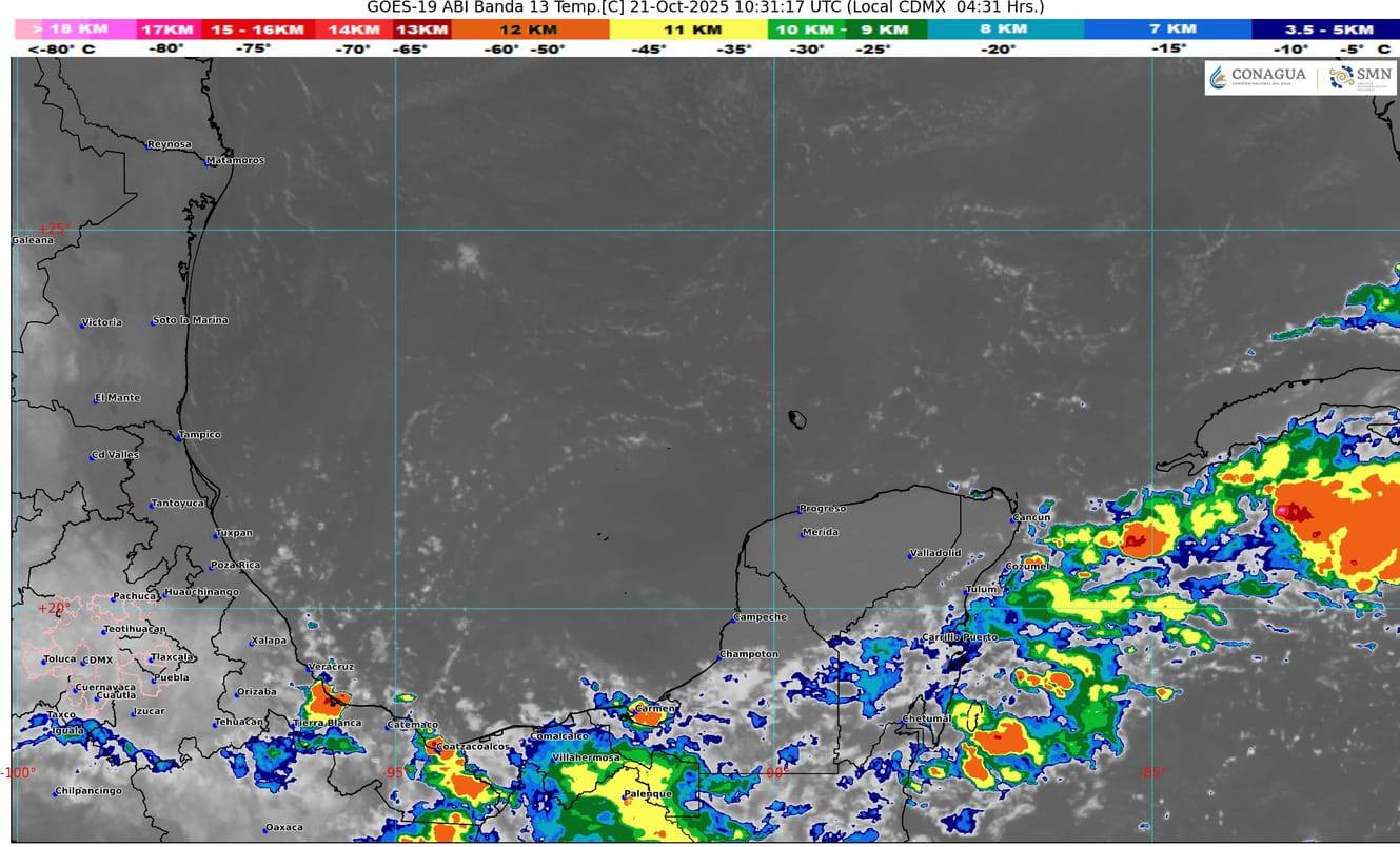 Intervalos de chubascos y lluvias puntuales fuertes se esperan con la vaguada en la Península de Yucatán.