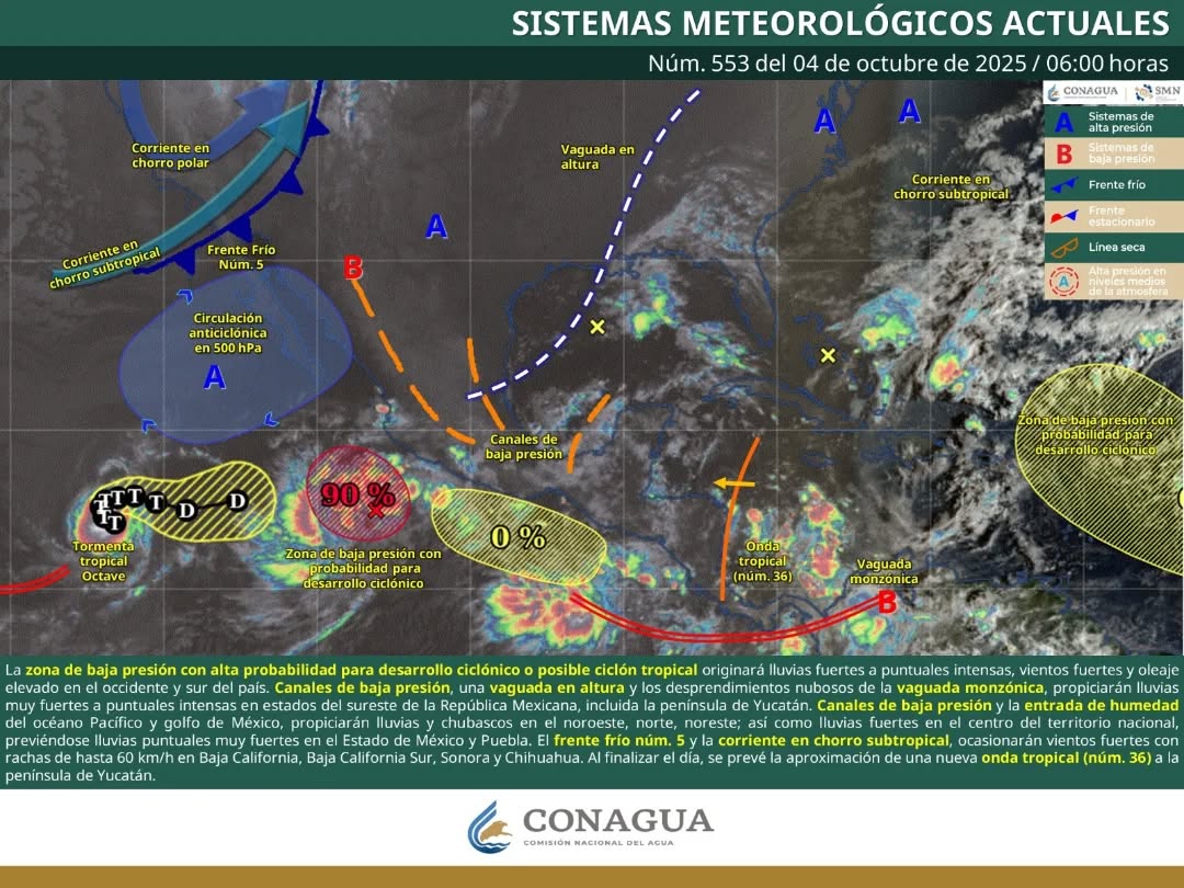 Cielo parcialmente nublado a nublado se espera en el estado de Quintana Roo.