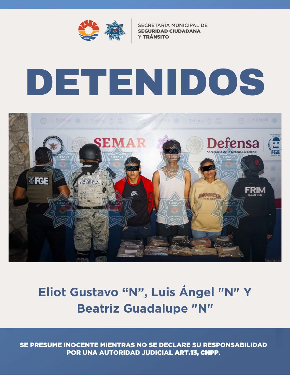 Elementos de la SMSCyT realizaron la Detención por Narcomenudeo en Cancún de tres personas en la Supermanzana 260.