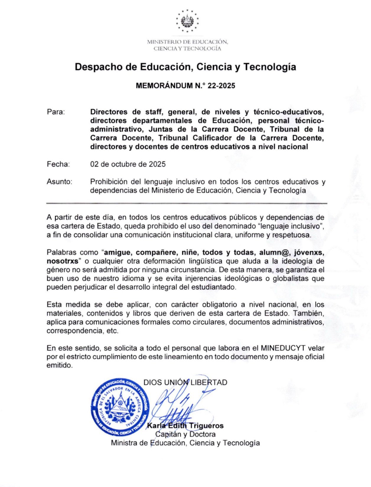 l presidente Nayib Bukele confirmó la prohibición del "lenguaje inclusivo" en El Salvador.