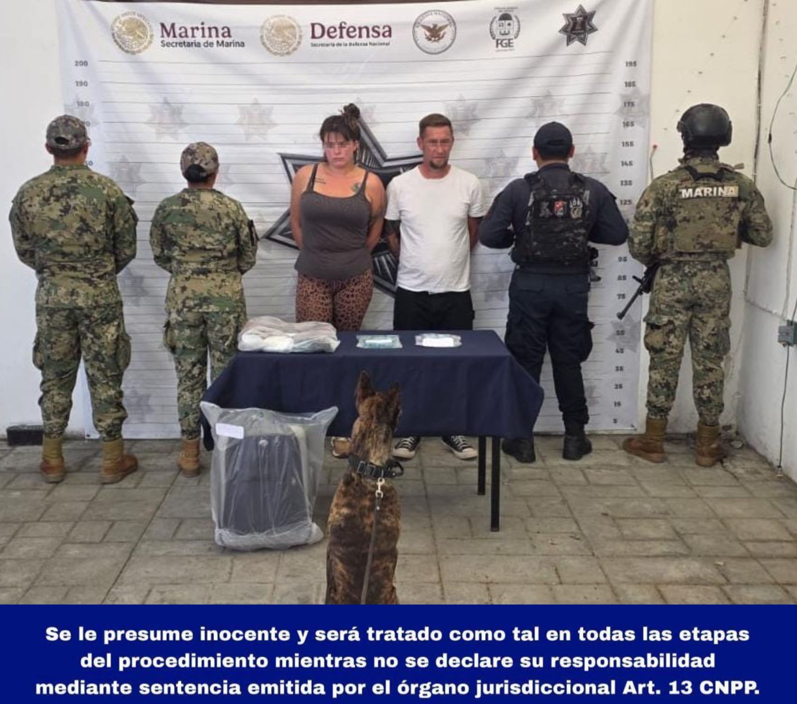 Elementos del Grupo K9 aseguran la maleta y el bolso de los detenidos.