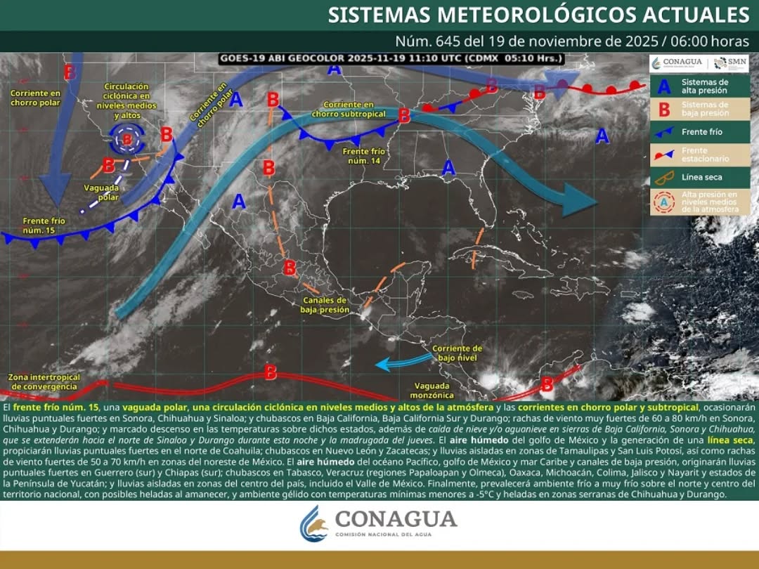 El frente frío 15 se desplaza sobre el norte y noroeste de México.